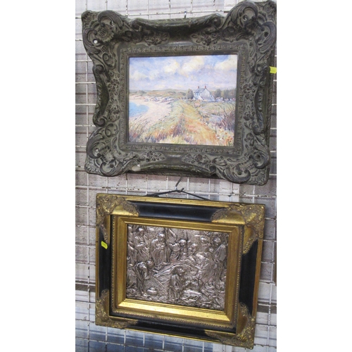 110 - A modern picture of a beach scene, together with a framed metal plaque