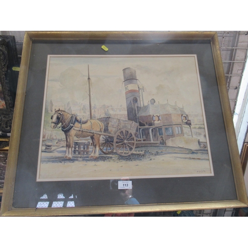 113 - F Holford, watercolour, dock scene with steamer boat and horse with cart, 15ins x 19ins