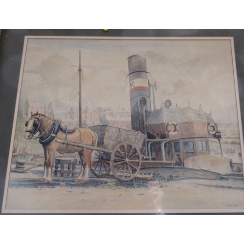 113 - F Holford, watercolour, dock scene with steamer boat and horse with cart, 15ins x 19ins