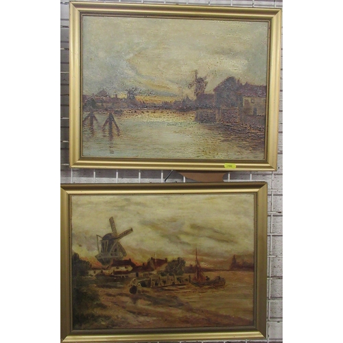 121 - Two oil on canvas, landscapes with windmills, 11.5ins x 15.5ins