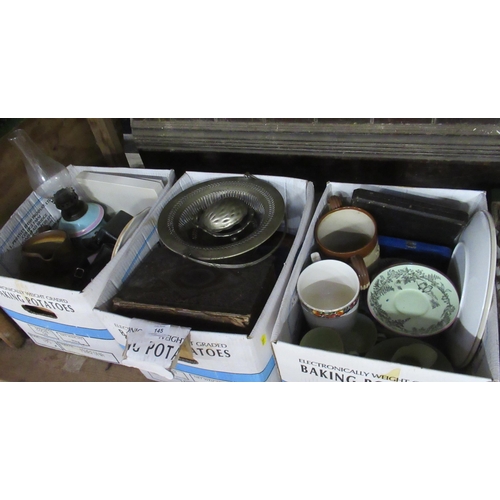 145 - Three boxes of assorted china, metalware etc