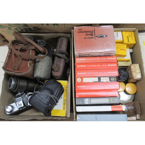 150 - A collection of camera items, to include lenses, film etc, together with binoculars