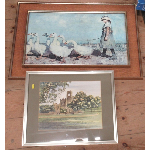 165 - Jane Pearson, watercolour and ink, together with a print of a girl with geese