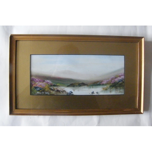 167 - Hayter, oil on paper, pair of Highland landscapes with heather, 30cm x 13cm