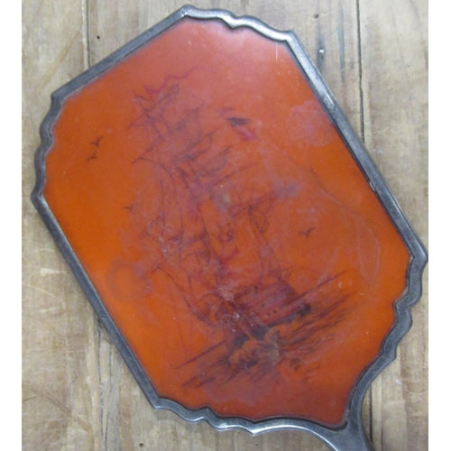 146 - A silver dressing table mirror, with inset panel decorated with a ship in full sail