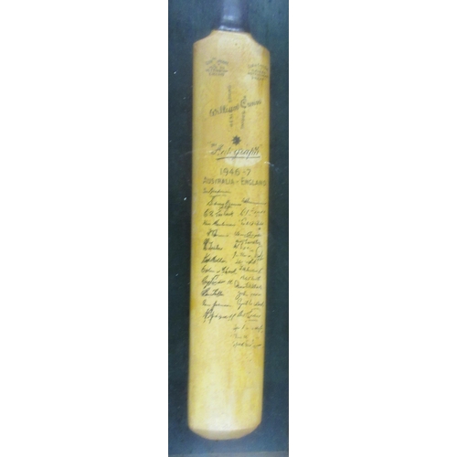 160 - A cased miniature autograph cricket bat, Australia - England 1946/7, together with a cricket ball