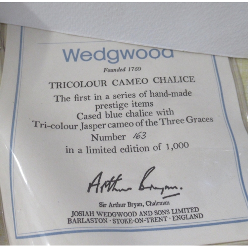 200 - Two Wedgwood Tricolour Cameo Chalice's, with certificates, together with 9 commemorative glass paper... 