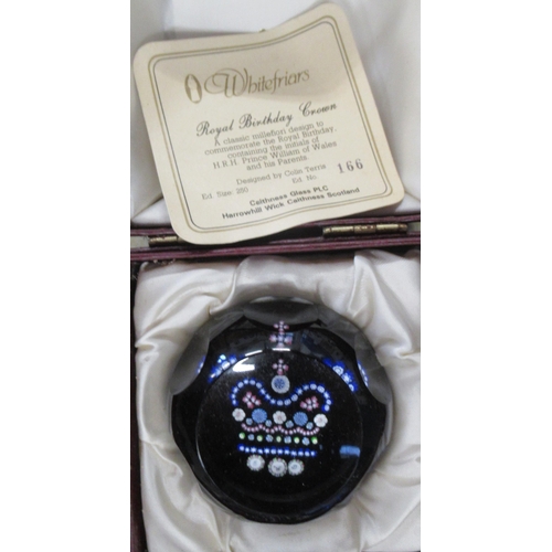 205 - 14 Whitefriars Royal Birthday Crown glass paperweights, together with another Whitefriars paperweigh... 