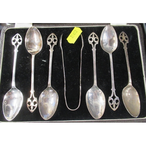 227 - A cased set of silver handled tea knives, together with five silver tea spoons, a set of six silver ... 