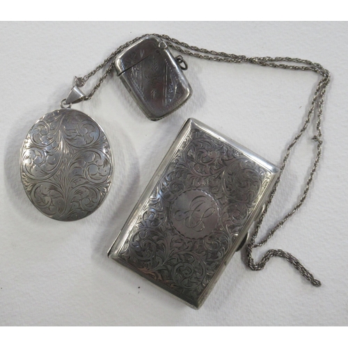 274 - A silver locket and chain, together with a silver cigarette case and a silver vesta case