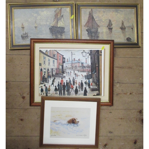 344 - A pair of oil on boards, boats on water, together with a Lowry print and a Gill Evans print