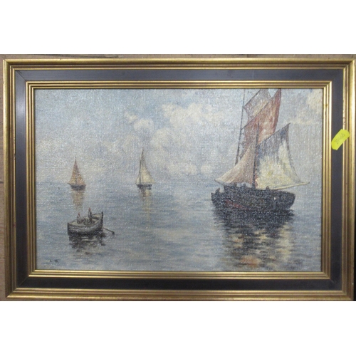 344 - A pair of oil on boards, boats on water, together with a Lowry print and a Gill Evans print