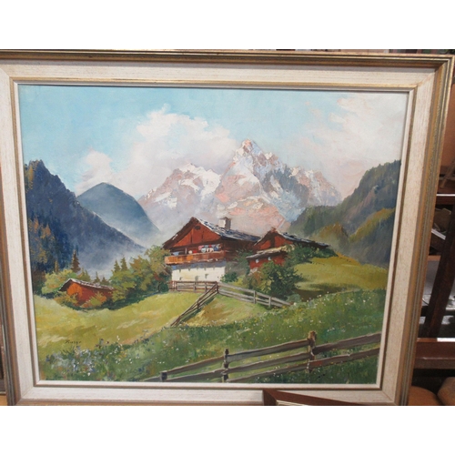 400 - An oil on canvas, Swiss mountain scene, together with various other prints and pictures