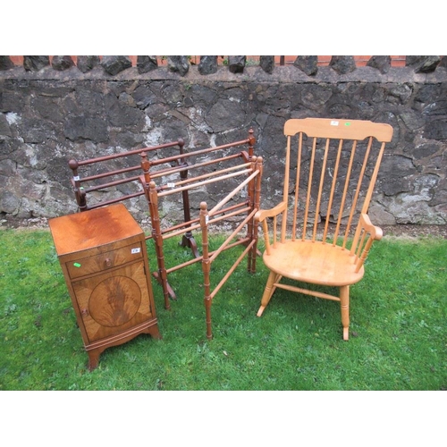 53 - Three towel rails , a rocking chair and a mahogany cabinet