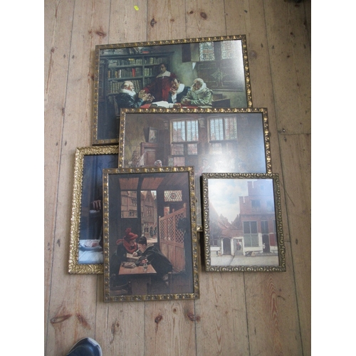 114 - A collection of 19th century style prints in gilt frames, with framers label to the reverse