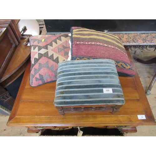 105 - A small 19th century rectangular gallery sided foot stool 12ins x 10ins and two kelim style cushions