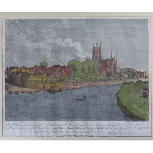 127 - Valentine Green, an Antique coloured engraving, a view of the Royal China Works of Worcester, togeth... 