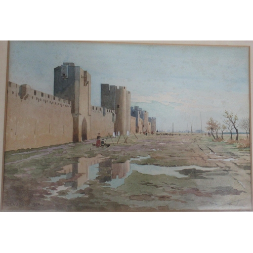 150 - A signed Eastern watecolour, figures outside battlements, 9ins x 13ins, together with Indian buildin... 