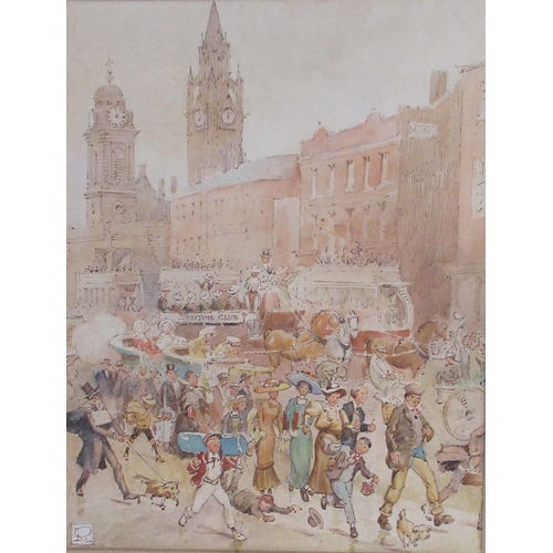 161 - A cartoon watercolour, London Street scene, indistinctly signed, 17ins x 15ins