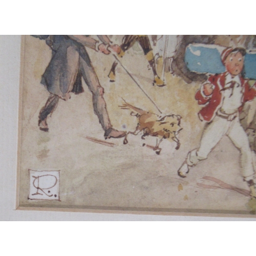 161 - A cartoon watercolour, London Street scene, indistinctly signed, 17ins x 15ins