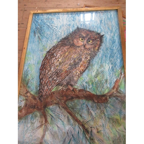 162 - Valerie Doksansky, coloured crayon, owl in a tree, 31ins x 21ins, together with two other prints