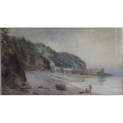 166 - A 19th century watercolour, figures on a beach with natural harbour beyond, 19ins x 17.5ins