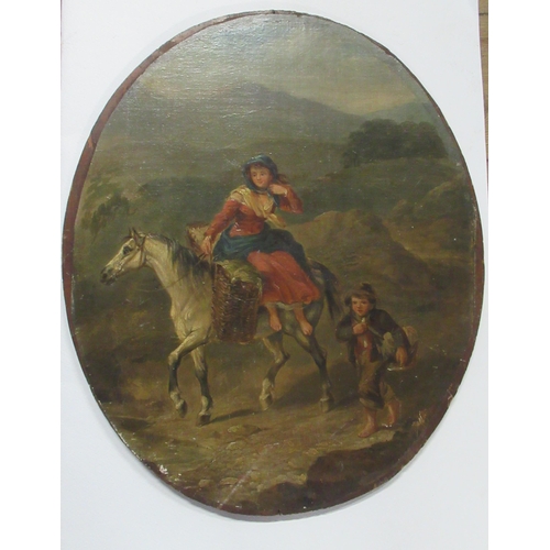 178 - A 19th century oval oil on board, figure on horseback with baskets, with figure walking besides, in ... 