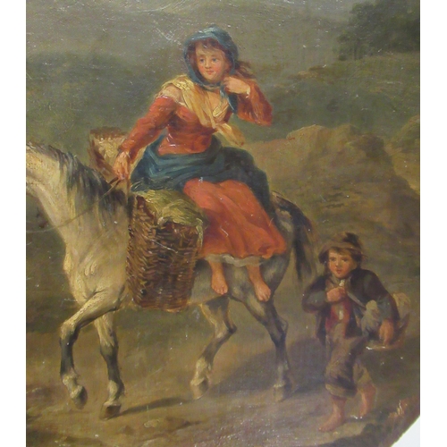 178 - A 19th century oval oil on board, figure on horseback with baskets, with figure walking besides, in ... 