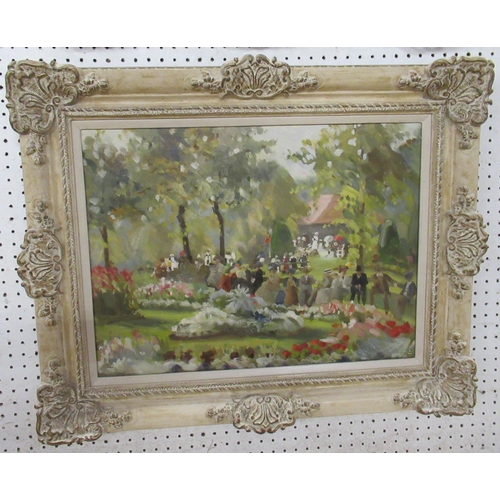 180 - English School oil on canvas, Garden Scene, circa 1910, 20ins x 15ins