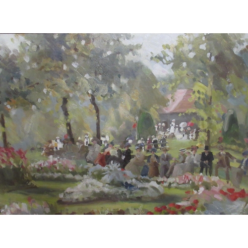 180 - English School oil on canvas, Garden Scene, circa 1910, 20ins x 15ins