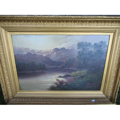 183 - J Perrin pair, oil on canvas, Highland scene with river meandering through trees and mountains to th... 