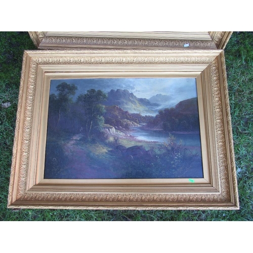 183 - J Perrin pair, oil on canvas, Highland scene with river meandering through trees and mountains to th... 