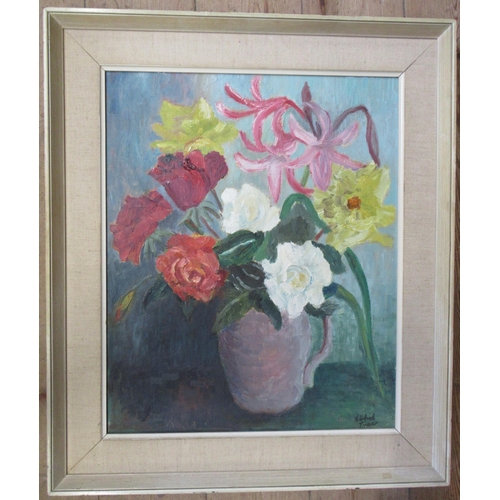 189 - Spigle, oil on canvas, still life study of flowers, 30ins x 20ins, together with Winifred Turner, oi... 