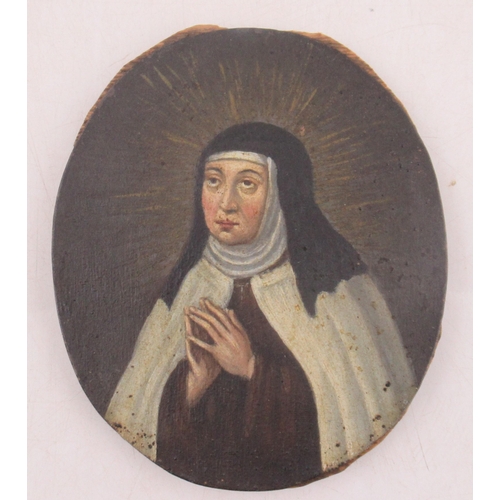 191 - Continental school, possibly Spanish, oval oil on copper, portrait of a nun, unframed, the reverse w... 