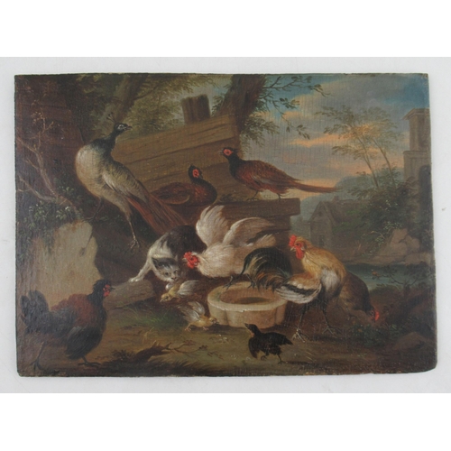 192 - Attributed to Jacob Van Strig, oil on board panel, Fowl in a Farmyard, unframed, indistinctly signed... 