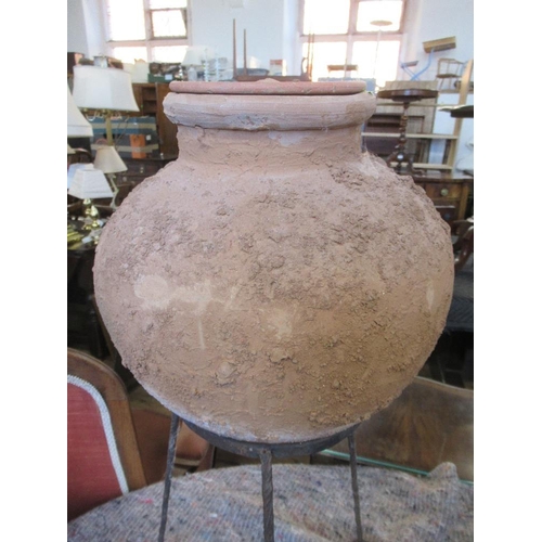 204 - A globular covered terracotta pot raised on a 3 leg metal stand height 28ins