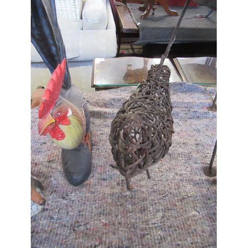 205 - Two decoy ducks, a painted wooden cockerel and a woven reed chicken