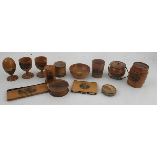 220 - A collection of Mauchline ware, to include egg cups, sewing items, etc, all printed with names views