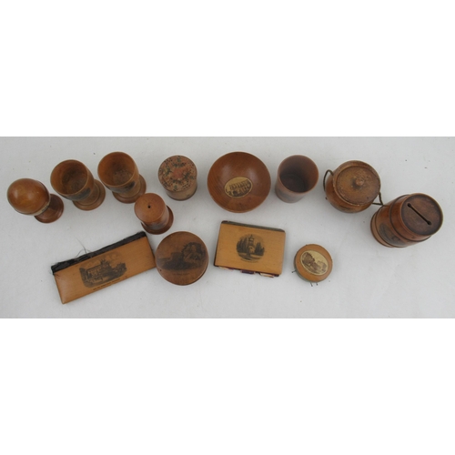 220 - A collection of Mauchline ware, to include egg cups, sewing items, etc, all printed with names views