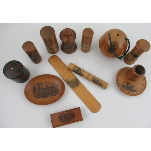 221 - A collection of Mauchline ware, to include an egg timer, cases, etc, all printed with names views an... 