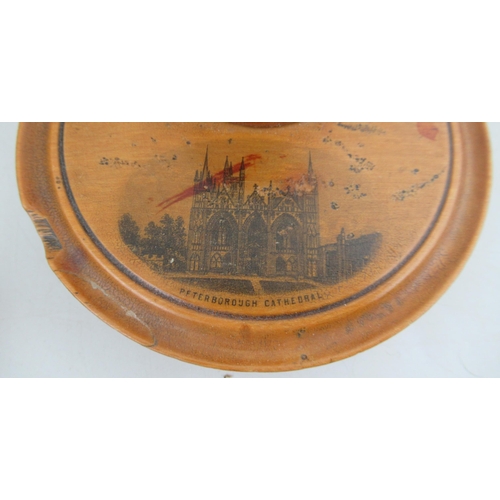 221 - A collection of Mauchline ware, to include an egg timer, cases, etc, all printed with names views an... 