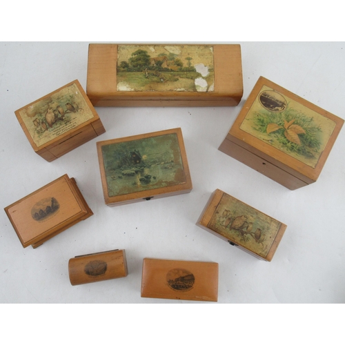 222 - A collection of Mauchline ware, to include boxes, some printed with names views and other with scene... 