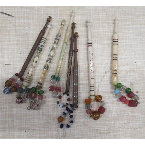 230 - Five bone lace making bobbins, one inscribed Sarah together with three wooden ones