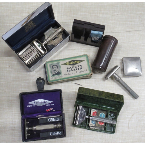 231 - A collection of six vintage safety razors, plus accessories, most boxed, to include a Wilkinson Swor... 