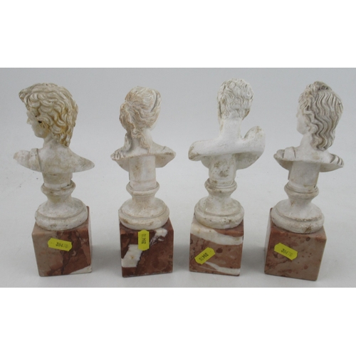 232 - Four Antique Grand Tour plaster busts, of Apollo, Hermes, Nigee and David, raised on marble bases, h... 