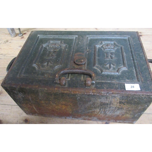 28 - An Antique strong box, decorated with two crowns over two Rs over arrows, width 18ins