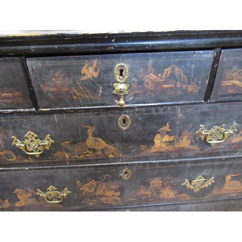 33 - An 18th century lacquered chest of three short drawers over three graduated long drawers raised on l... 