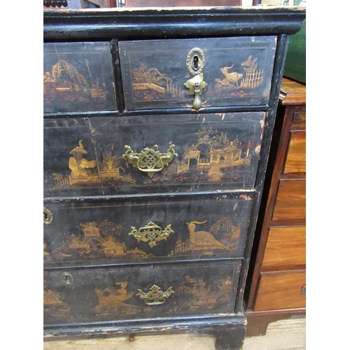 33 - An 18th century lacquered chest of three short drawers over three graduated long drawers raised on l... 