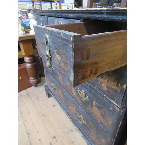 33 - An 18th century lacquered chest of three short drawers over three graduated long drawers raised on l... 