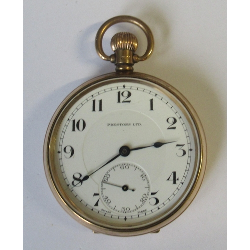 376 - A 9ct gold cased pocket watch, the enamel dial inscribed Prestons Ltd with subsidiary seconds dial, ... 